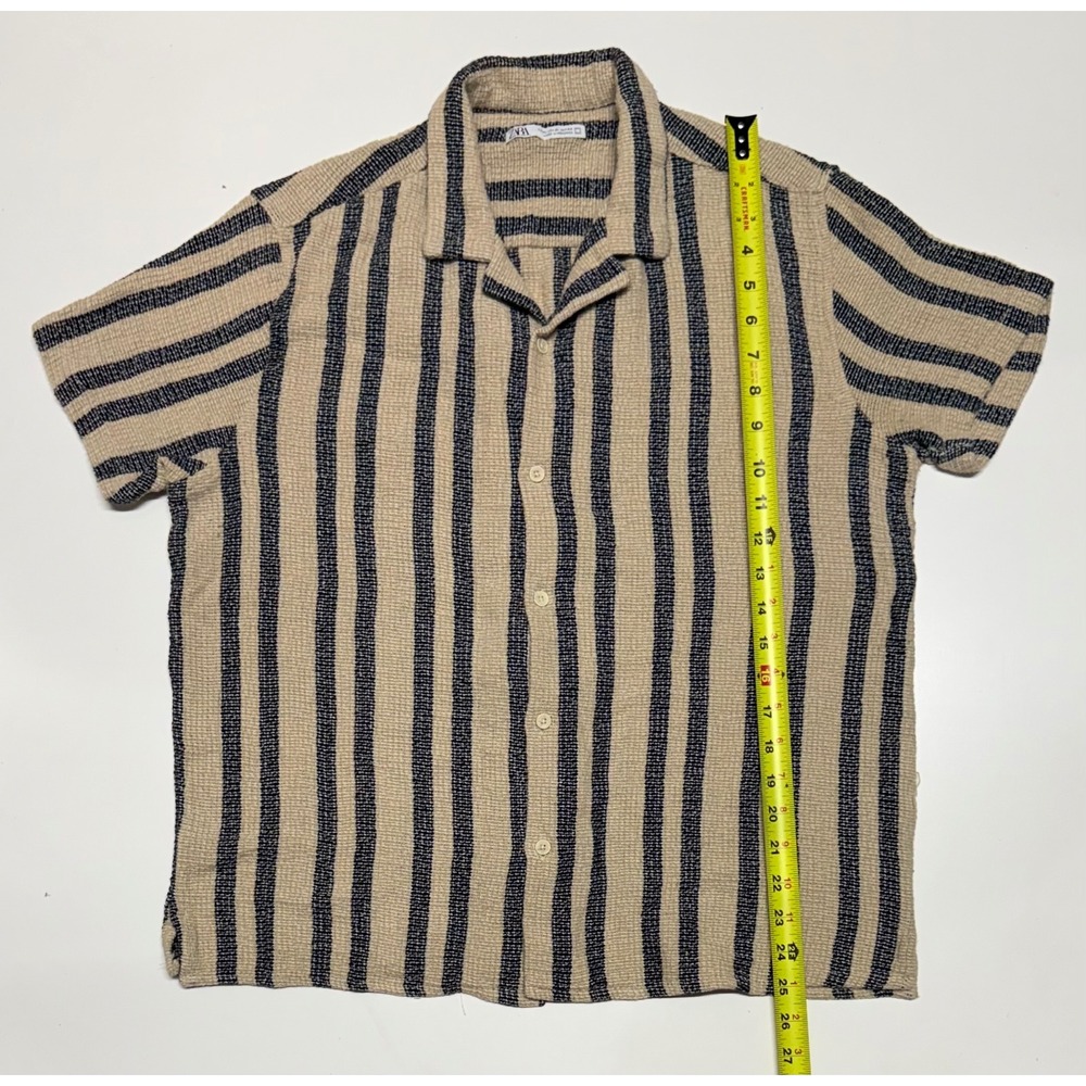 Zara Mens XL Vertical Stripe Textured Short Sleeve Camp Collar Button Down Shirt